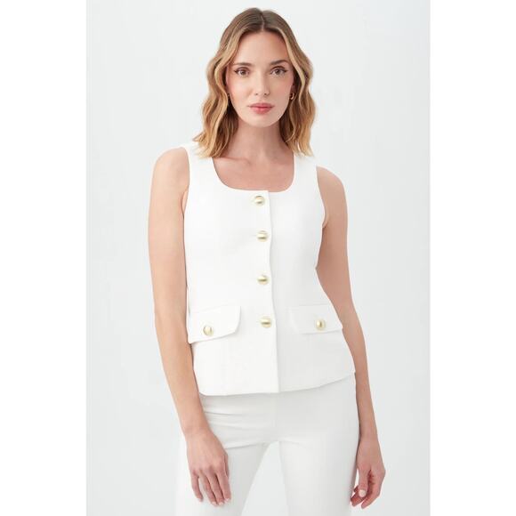 Trina Turk White Juliette Vest Top Size 4 Gold Button Sleeveless Square Neck - Picture 1 of 9